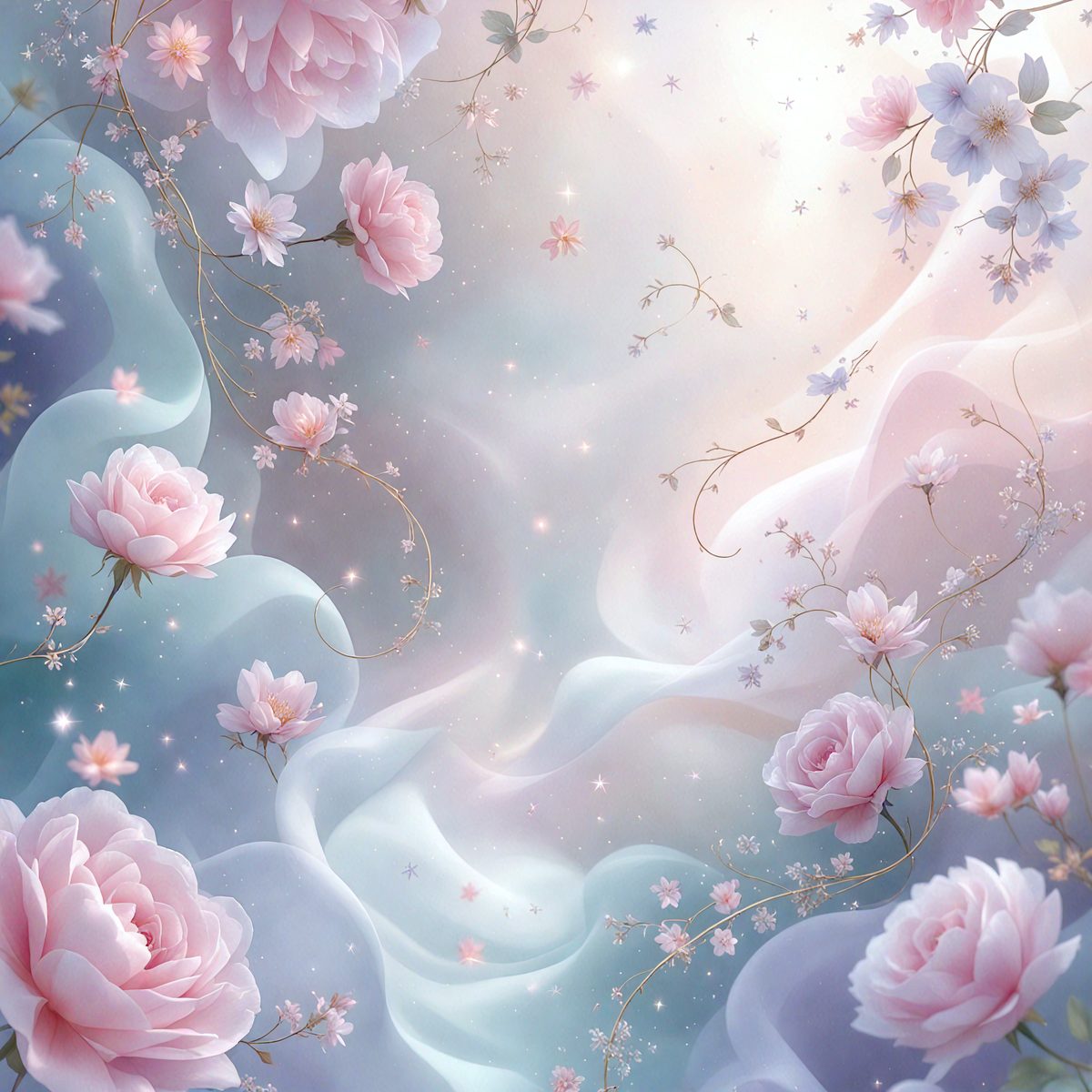 The primary subject of the image is a beautiful bouquet of pink flowers. The flowers are arranged in a visually appealing manner, creating a sense of elegance and grace. The setting is a blue and white background, which adds a touch of color and contrast to the scene. The visual style of the image is a combination of digital art and illustration, resulting in a vibrant and detailed representation of the flowers. The colors and mood of the image are predominantly pink, which evokes feelings of warmth, love, and happiness.